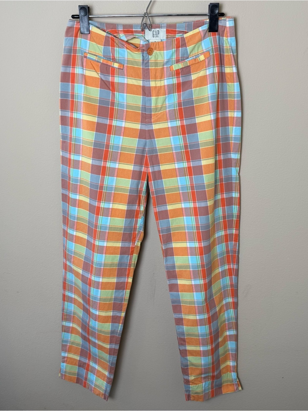 Vintage Y2K Gap Plaid Pants Womens 8 Pastel Orange Yellow Blue Retro 100% Cotton